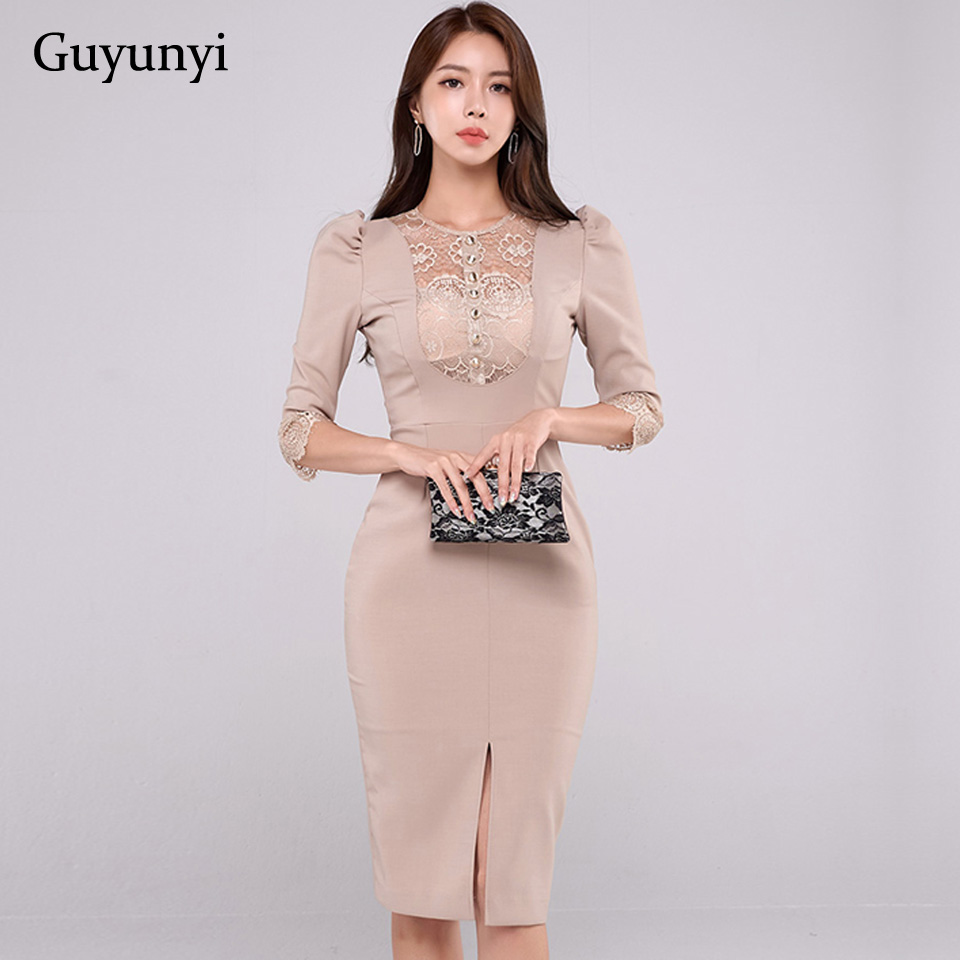 

elegant party dress 2021 autumn simple office lady dress o-neck perspective lace puff sleeve decorative buttons womens dresses, Black;gray
