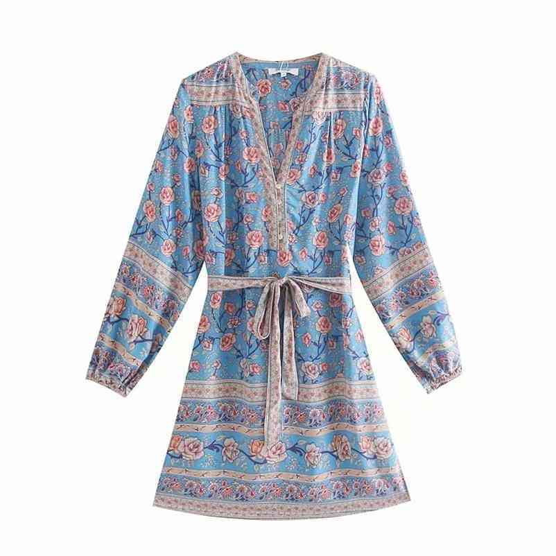 

Rayon printing Long Sleeve Dress Chiffon Holiday Style A-line Women Spring Summer O-neck Female Short 210524, Blue