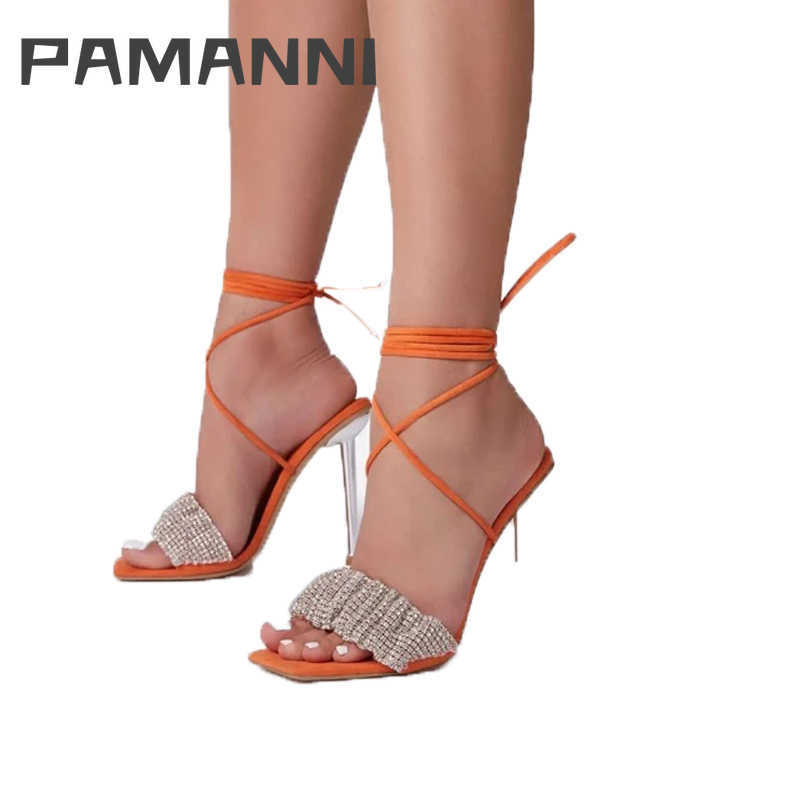

PAMANNI Women's High Heels Party Fashion Cross-tied Elegant Bling Sexy Female Sandals Handmade Lace-up Plus Size Ladies Pumps Y0721, Black