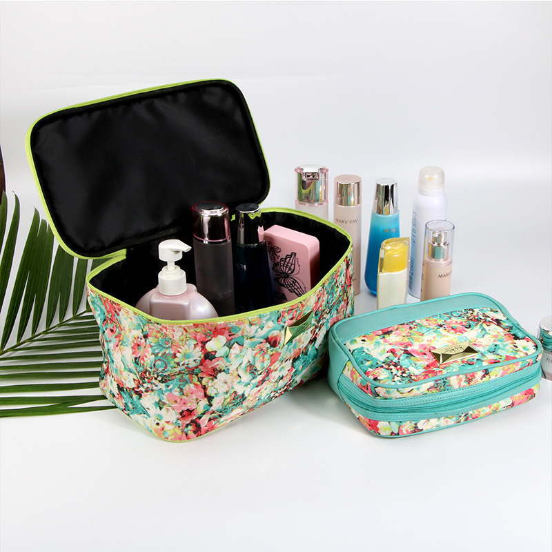 

High Grade Pu Jet Printing Square Large Capacity Zipper Cosmetic Dktop Cosmetics Storage Bag, Light green