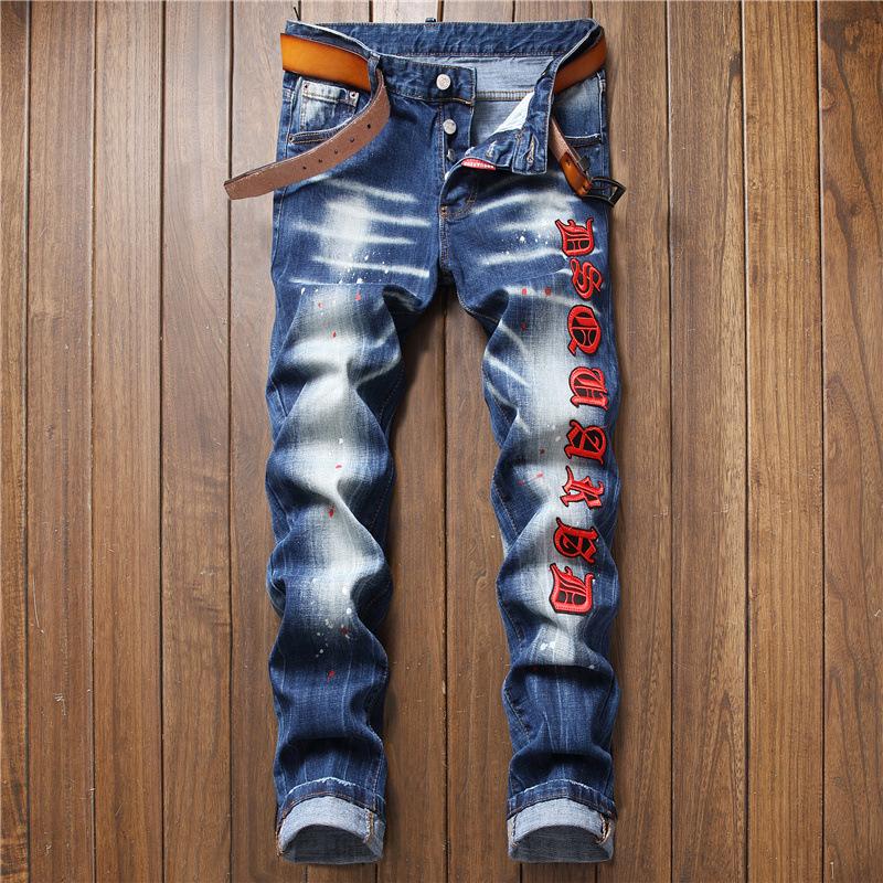 

Men's Jeans Embroidery Men Slim Pants Elasticity Denim Trousers Retro Buttons Blue Casual Pencil