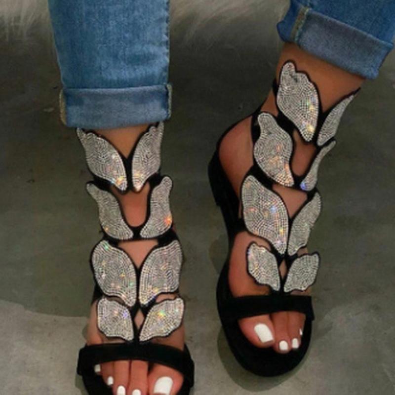 

Sandals Summer Women's Low-heeled Lightweight Hollow Butterfly Rhinestone Fashion Women Flat 2022, Black