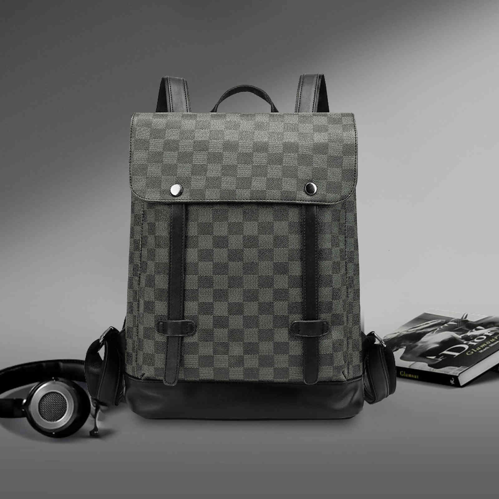 

Backpack 2021 Popular Men's Bag Simple Business Leather Leisure Outdoor Travel Schoolbag Check Pattern, Black;red