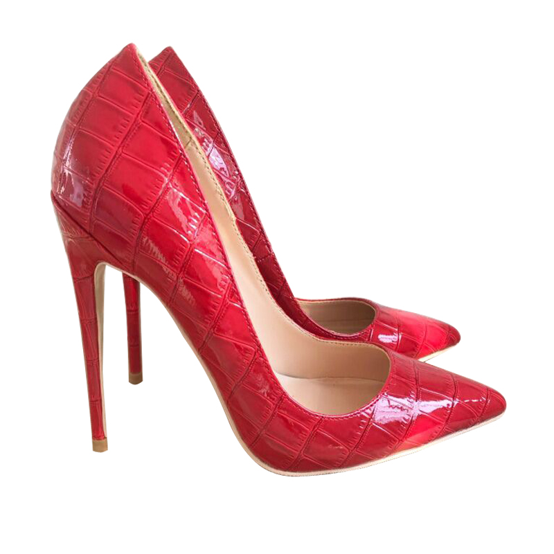 

2021 Fashion Bride Wedding Shoes Sexy Red Crocodile Patten Pointed High Heels Women Stone Patent Leather 12cm Slim Heel Party Pumps size 33-45, Black