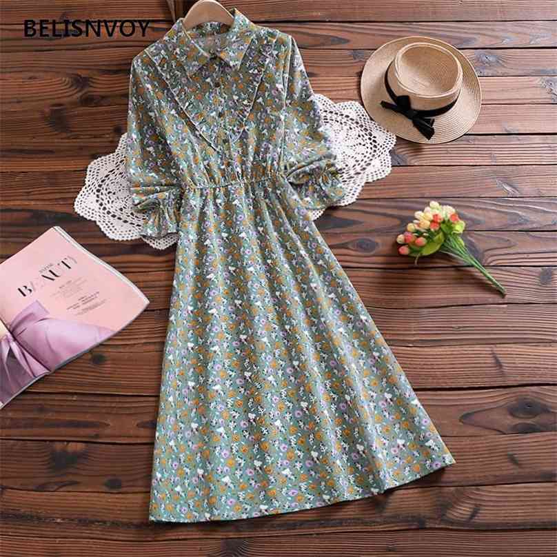 

Mori Girl Apricot Olive Green Vintage Female Dress Autumn Winter Women Floral Printed Corduroy Ruffles Midi Vestidos 210520, Pink