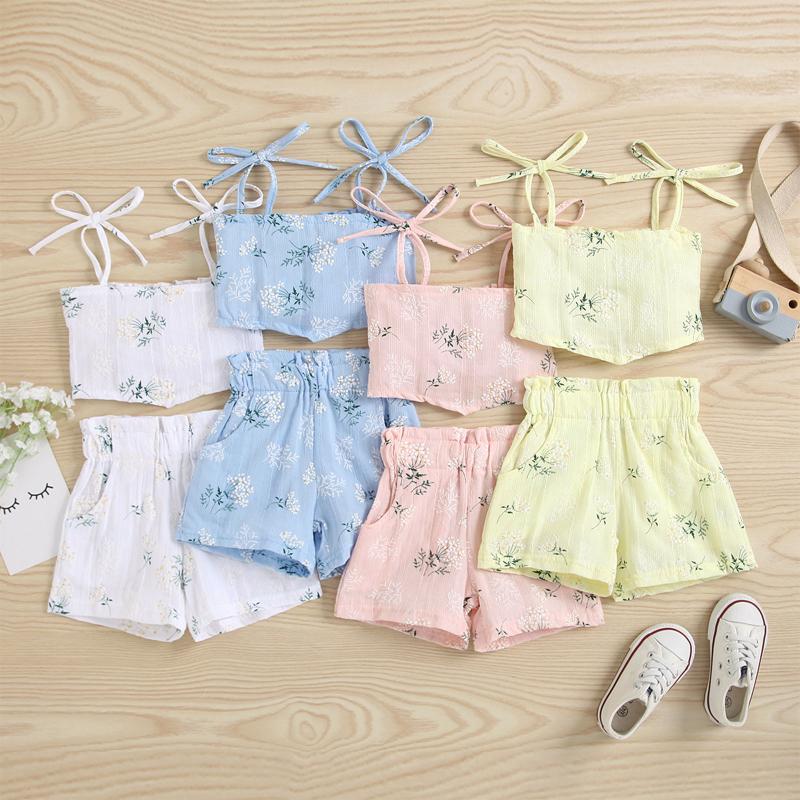 

Clothing Sets Bear Leader Girls Floral Print Irregular Hem Sleeveless Cropped Tops + Short Pants For Summer Baby Clothes Outfits, White