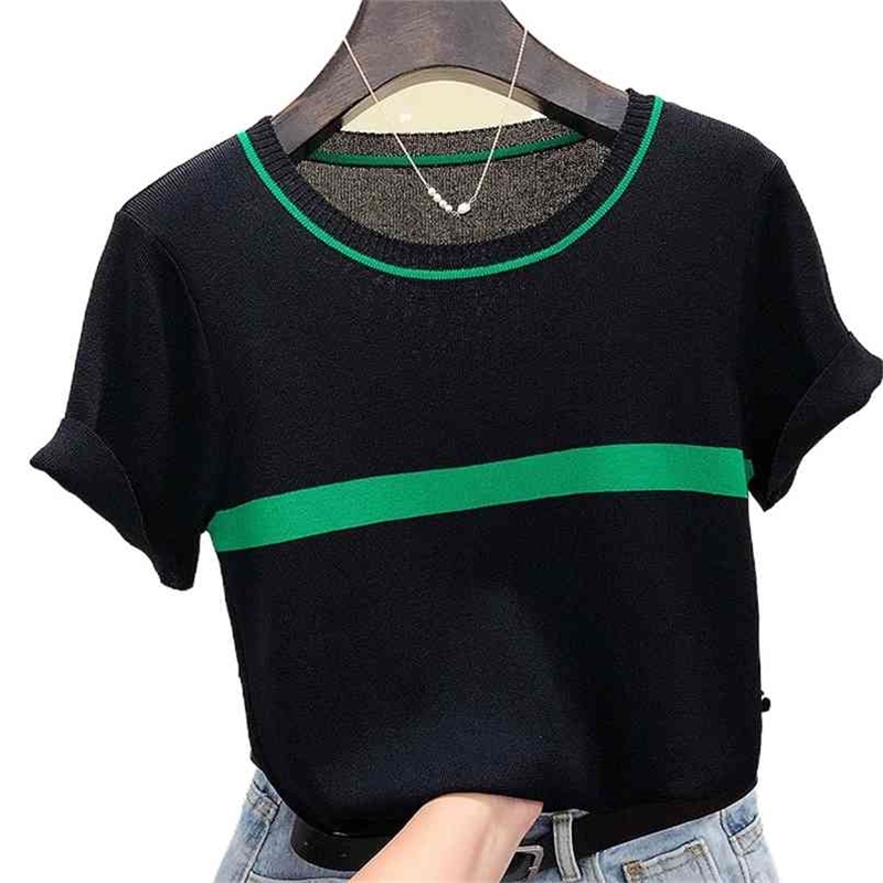 

Fashion women's T-shirt spring and summer slim thin knit sweater ice silk short-sleeved knitted top 210520, Apricot t shirt