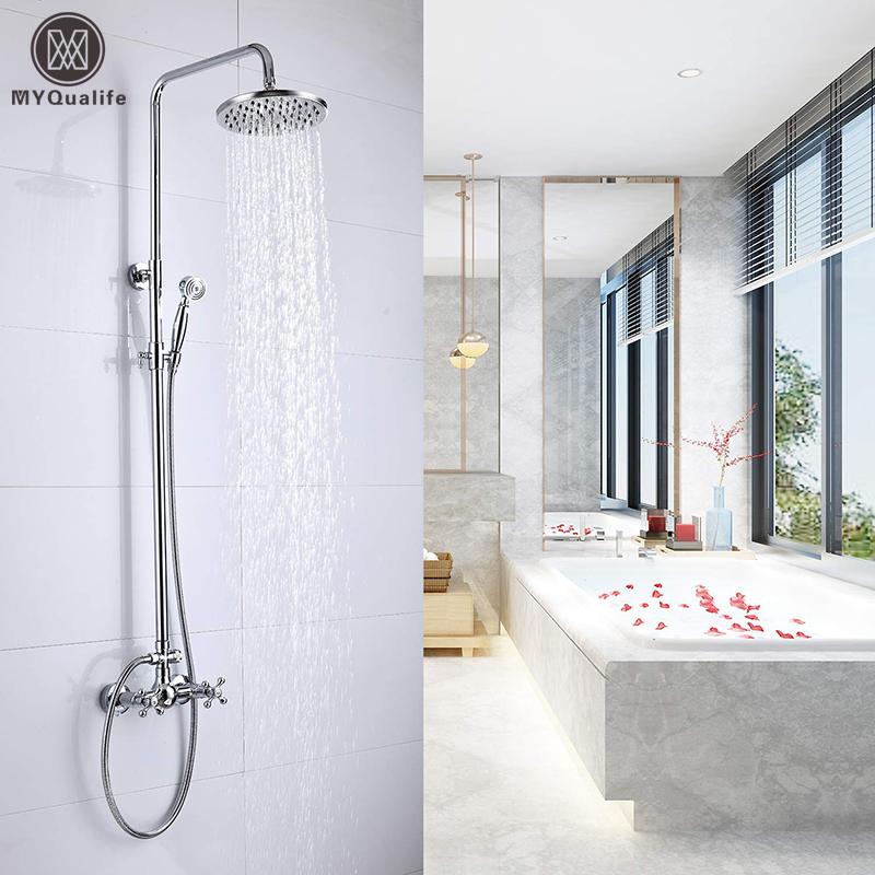 

Wall Mount Shower Faucet Rainfall 8" Brass Head Bathroom Mixer System Dual Handle Chrome Tap Sets