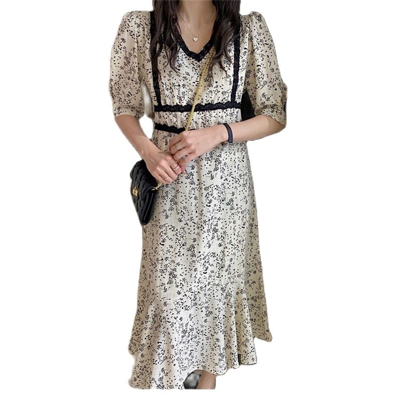 

Chiffon dress and lace contrast color long skirt casual women summer j Korean fashion women's clothing 210520, Milky