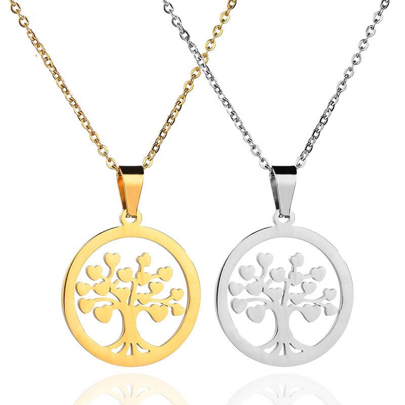 

Gold Silver Color Tree Of Life Pendant Necklace Stainless Steel Hollow Heart Round For Women Drop Necklaces