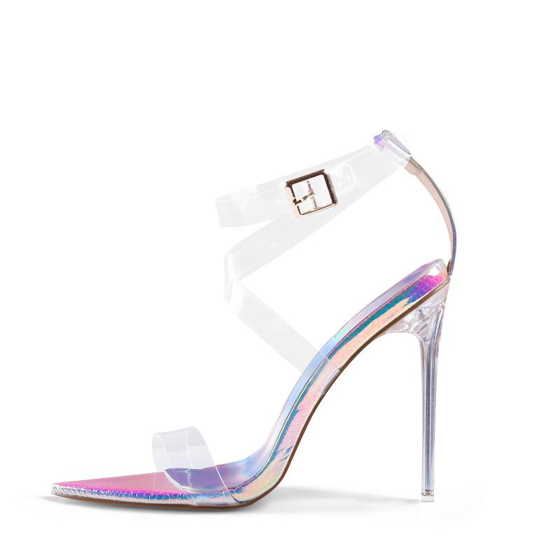 

Sandals Sexy Women Clear High Heel Ankle Strap Buckle Pointed Toe Transparent Stilettos Open Party Summer Pumps Sandal Shoes, Black