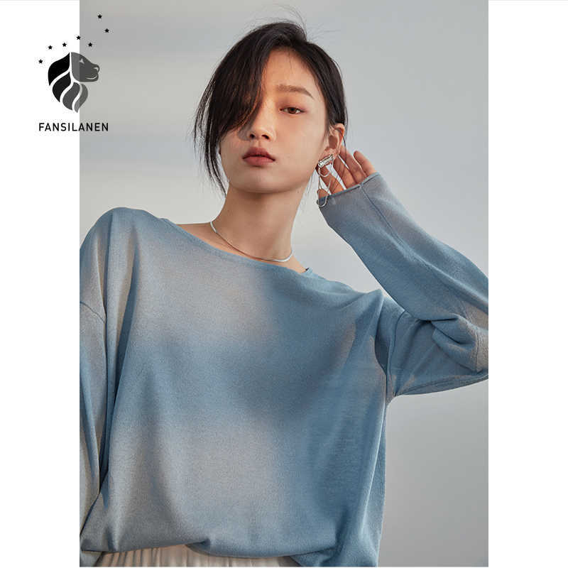 

FANSILANEN Knitwear Thin Women's Sunscreen Blouse Long Sleeve T-Shirt Loose Base Shirt Top Blue office Lady Tops 210607, Sky blue