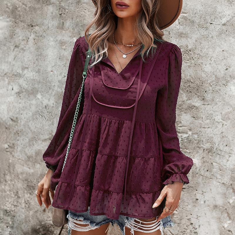 

Women' Blouses & Shirts Women Autumn Loose V Neck Blouse Summer Causal Long Puff Sleeve Lace Up Ladies Tops Female Fashion Office Lady 2021, Green