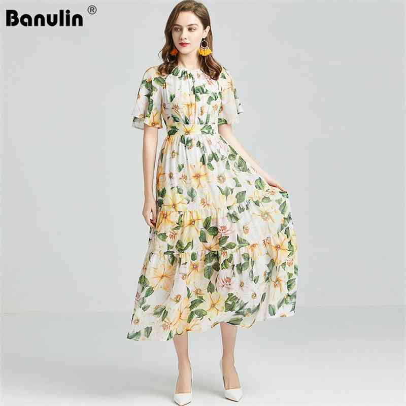 

Banulin Summer Fashion Runway Chiffon Dress Women' Ruched Floral Print Elegant Boho Holiday Party Maxi Long 210603, Yellow
