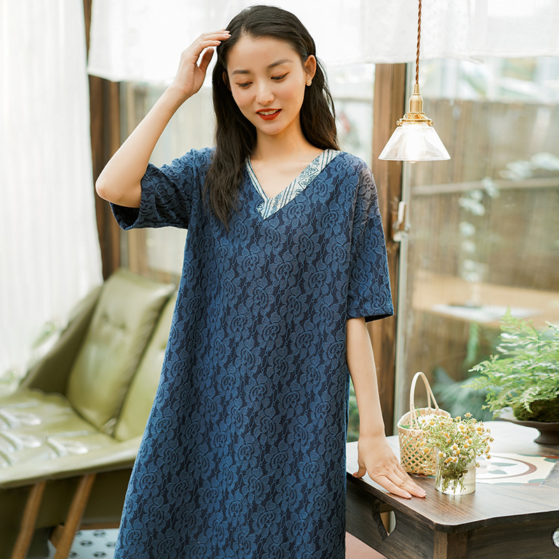 

Johnature Women Vintage Jacquard Dress High Quality Cotton Blend Robes Summer V-Neck Short Sleeve Embroidery A-Line Dress 210521, White