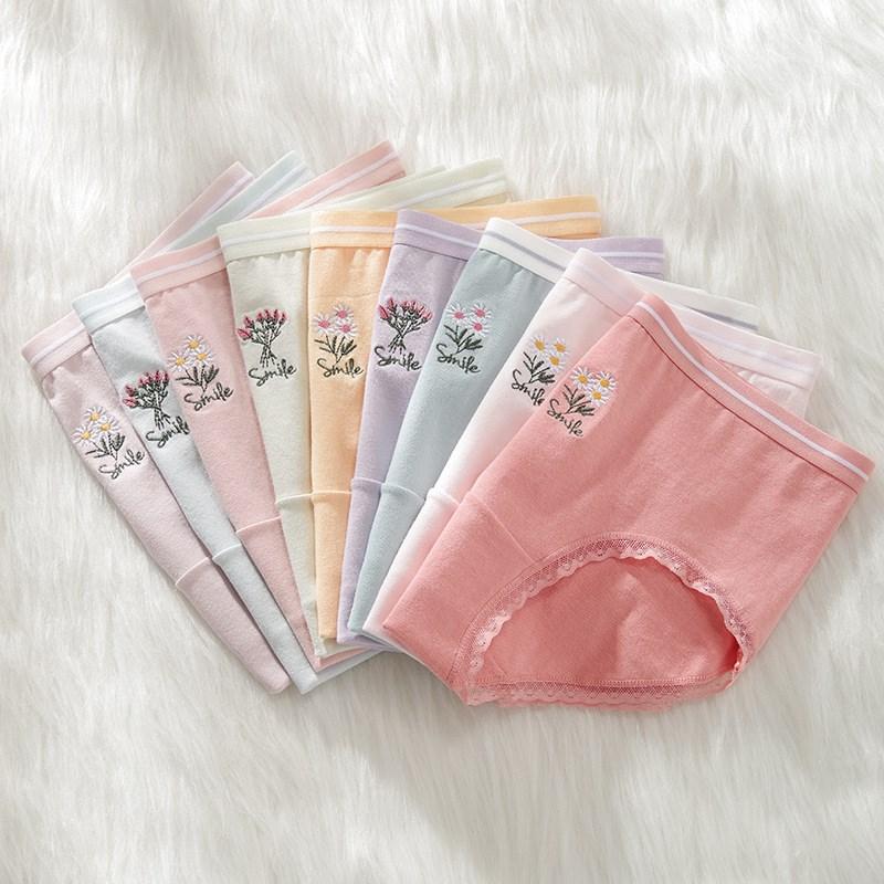 

Women's Panties 3PCS/Set Daisy Embroidery Set Cotton Underwear Mid-Waist Breathable Briefs Girls Solid Color Female Lingerie