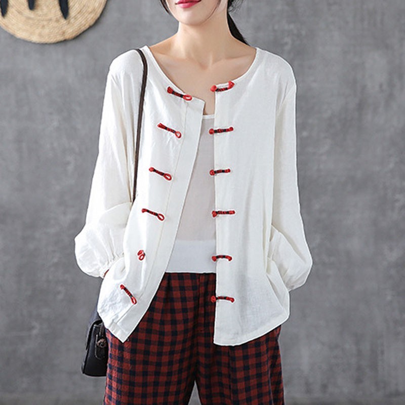 

Johnature Autumn Cotton Linen Retro Plate Buckle O-neck Long Sleeve Cardigan Shirt Comfortable All-match Women Tops 210521, Red