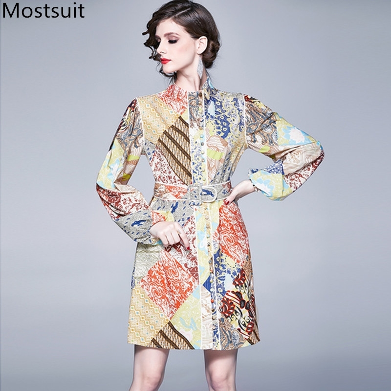 

Spring Runway Fashion Printed Shirt Dress Women Long Sleeve Turn-down Collar Dresses Elegant Office Vintage Mini Vestidos 210518, Picture color