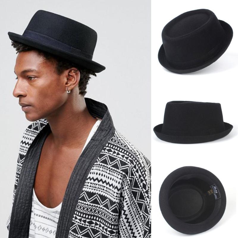 

Wide Brim Hats 3 Stlye 4 Size 100% Wool Men Pork Pie Hat For Dad Black Fedora Gentleman Flat Bowler Porkpie Top Jazz S M L XL, Black-wool