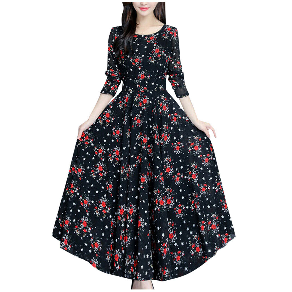 

Bohemian Plus Size Dresses Woman Party Night Floral Print Vintage Autumn Dress Women Long Sleeve Elegant Long Maxi Dress Vestido, Red