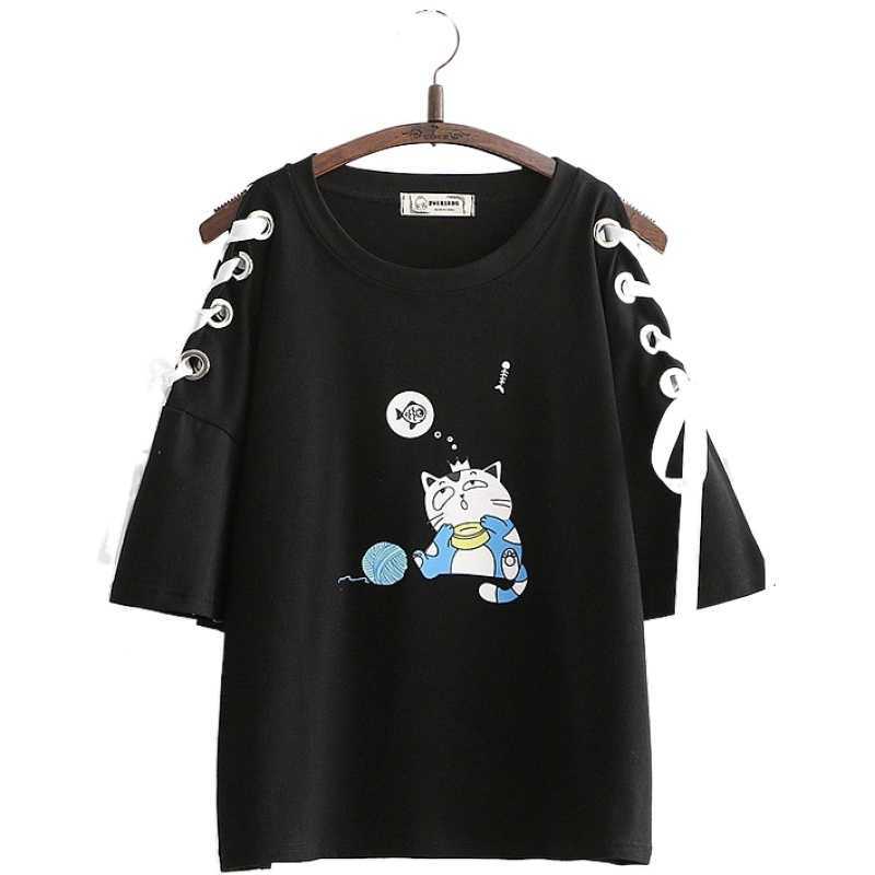 

Merry Pretty Women Lace Up Cartoon Print T Shirts Summer Short Sleeve O-Neck Cotton Shirt For Girl Cute Casual ops ees 210526, White