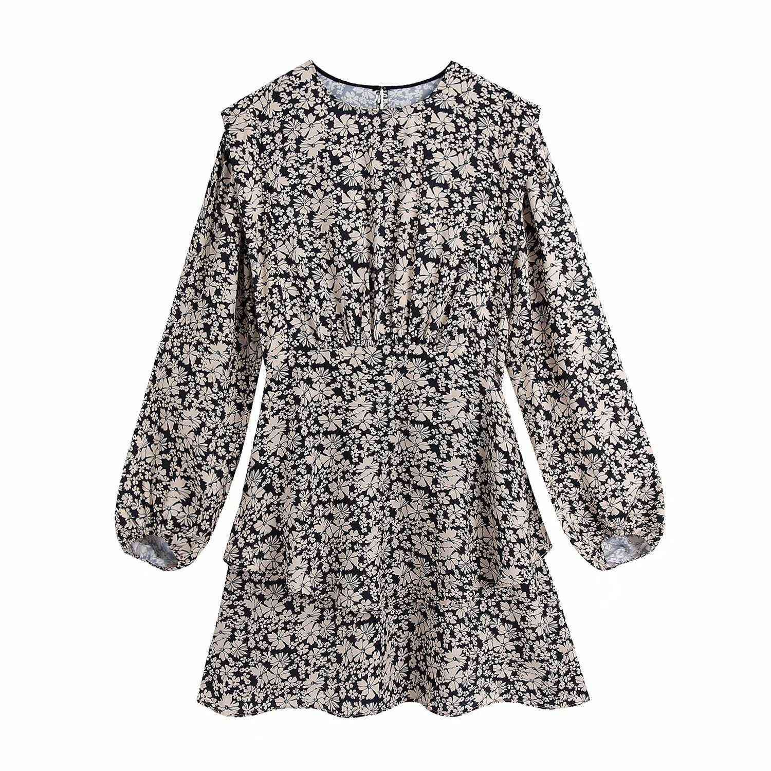 

Women Vintage Printed Dress Long Sleeves Short Dress Elegant Chic Lady Fashion Woman Dresses 210709, As picture