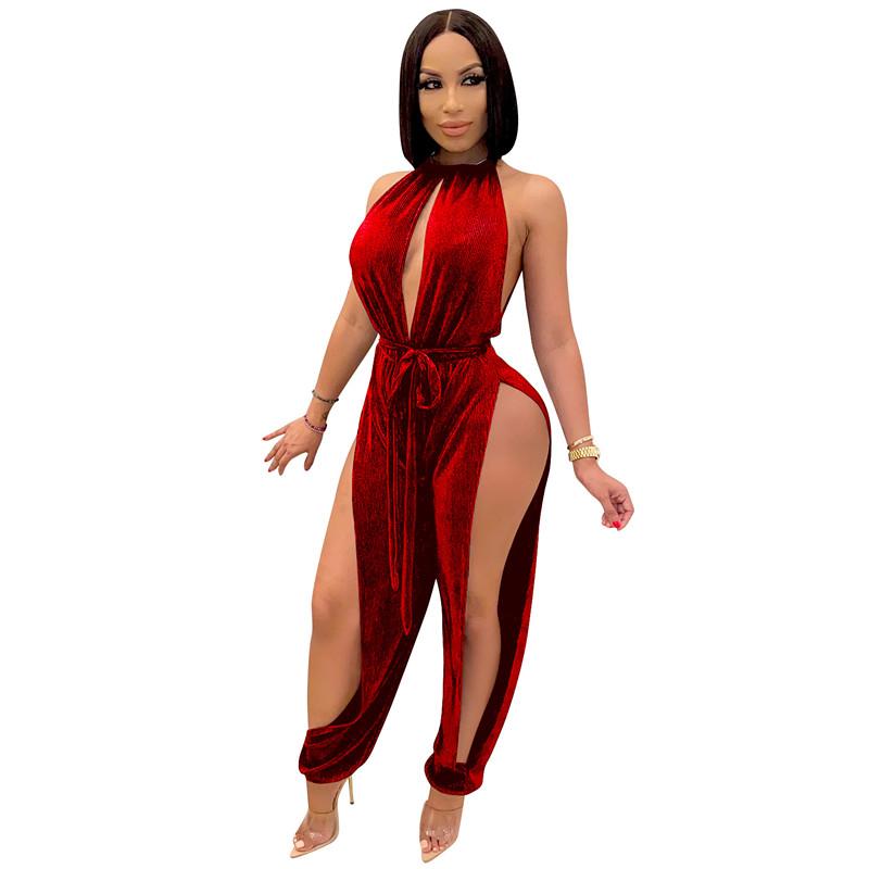 

Women' Jumpsuits & Rompers Sexy Velet High Split Jumpsuit Woman Sleeveless Halter Waist Bodycon One Piece Outfits Night Club Party Wear, Red jumpsuit