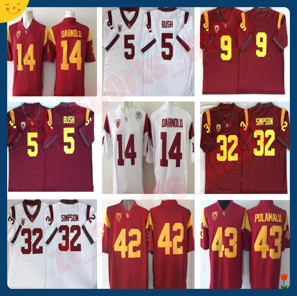 

USC Trojans College Football Jerseys Allen Lott Woods Sanchez Seau Bush University PAC 12 Embroidery Team Red White Sports Hot Men, Black;red