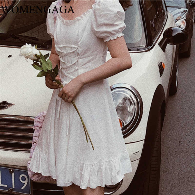 

Korea Spring Women Vintage Loose High Waist Slim Was Thin Elegant Paneled High-waist Puff Sleeve Ruffle Dress ZA3251 210603, White