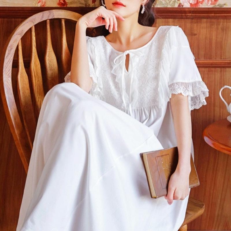 

Women's Sleepwear Victorian Vintage Nightgowns Women Cotton Long Princess White Lace Sleeping Night Dress Peignoirs Ladies Lounge Wear