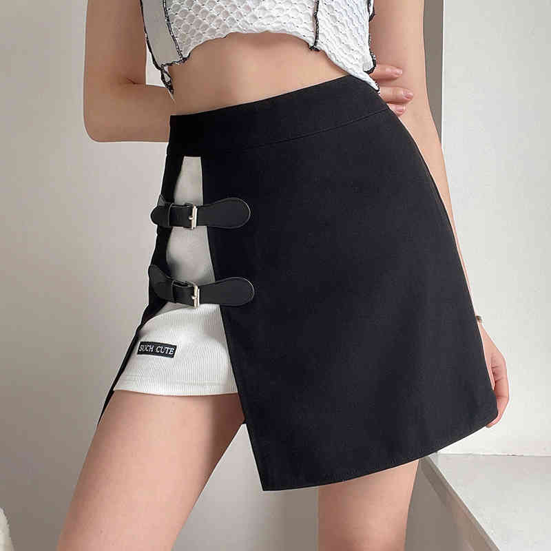 

Women skirt for Spring summer fashion patchwork two buttons mini skirts black white color girls 210524