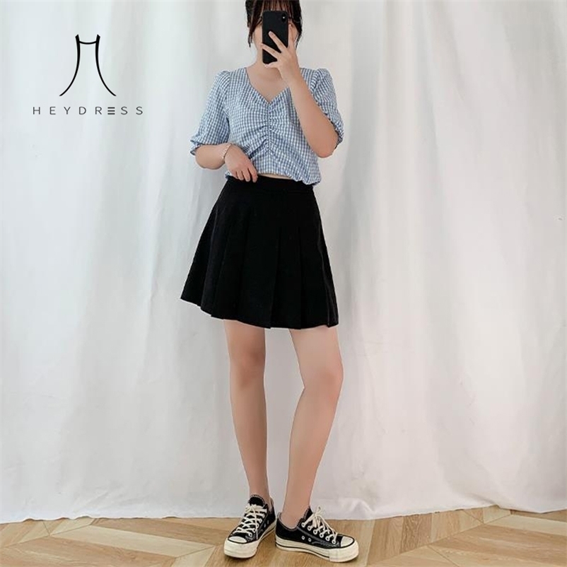 

Women Summer Short Puff Sleeve Plaid Blouse + Mini Pleated Skirt Two Pieces Vintage Street Lady Suits Female Sets 210517, As picture