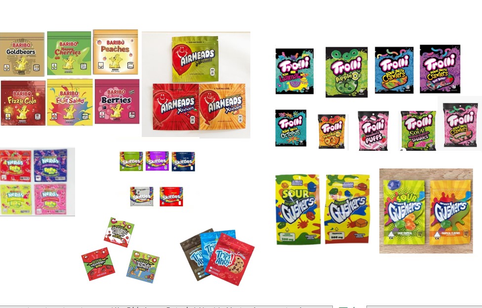 

In stock 600mg edibles candy Baribo gusher gummy bags airheads sour edible packaging Trolli Trilli 420 Cookies Trips Ahoy mylar bag