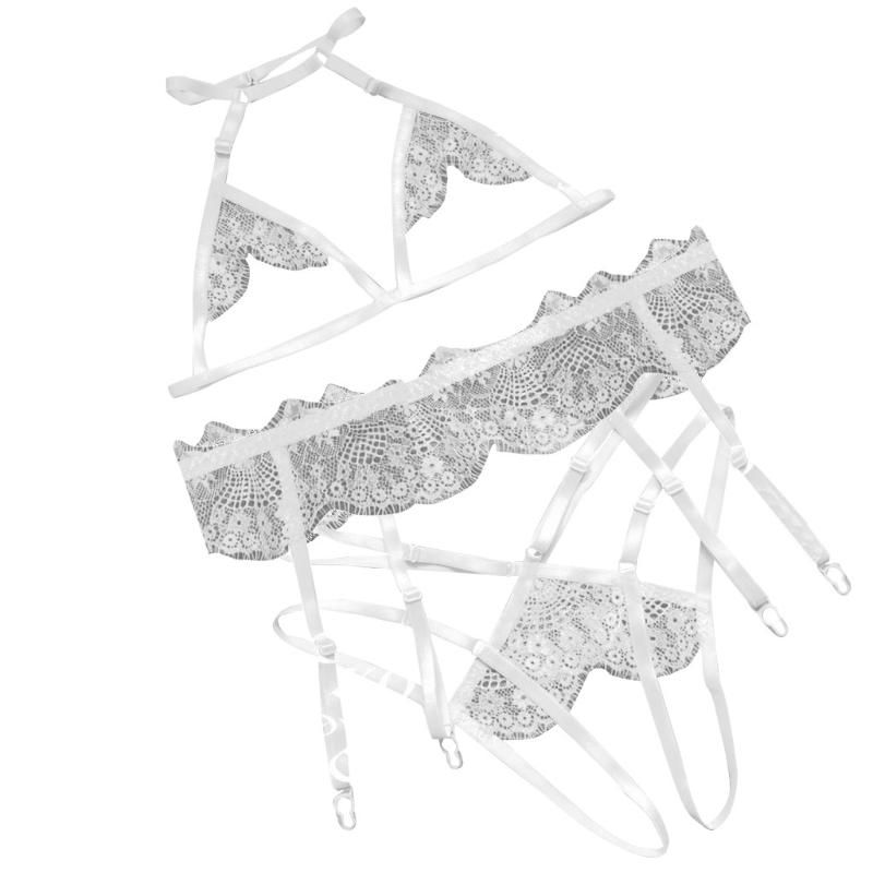 

Bras Sets Sexy Lace Bra Garter Panty Set Belt Women Plus Size Lingerie Strap Open Crotch Bust Transparent Costumes Langeri, White