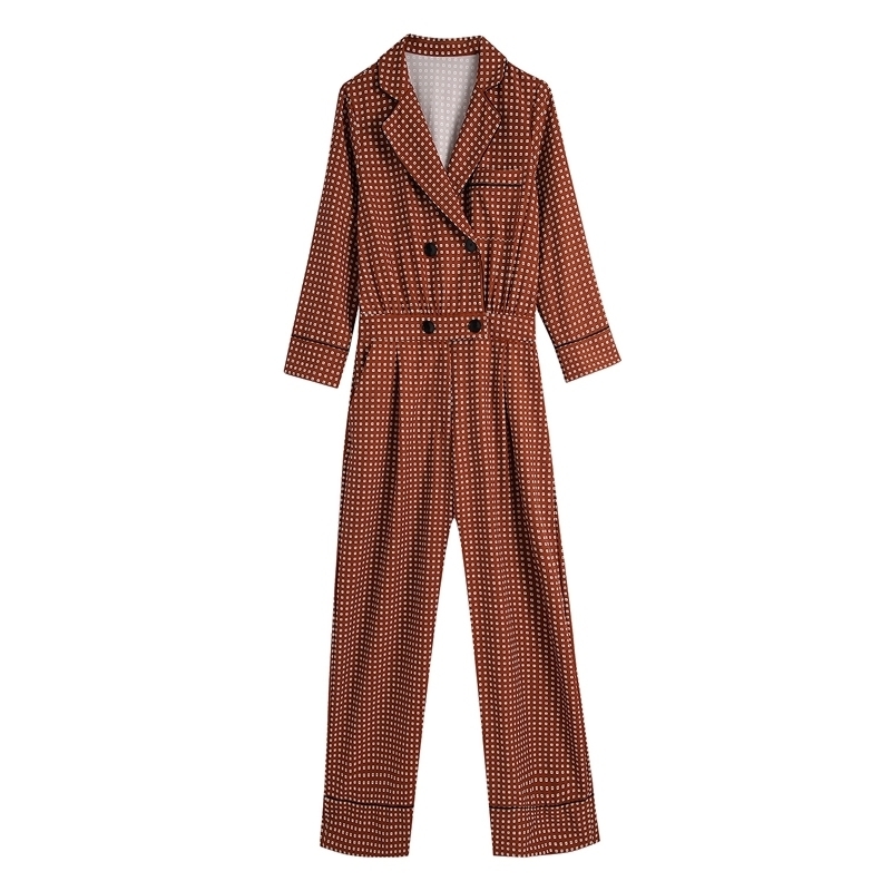 

Fashion Slim Dot Print Office Jumpsuits Women High Waist Shirt Rompers Long Sleeve Turn Down Collar WB3010 210525, Beige