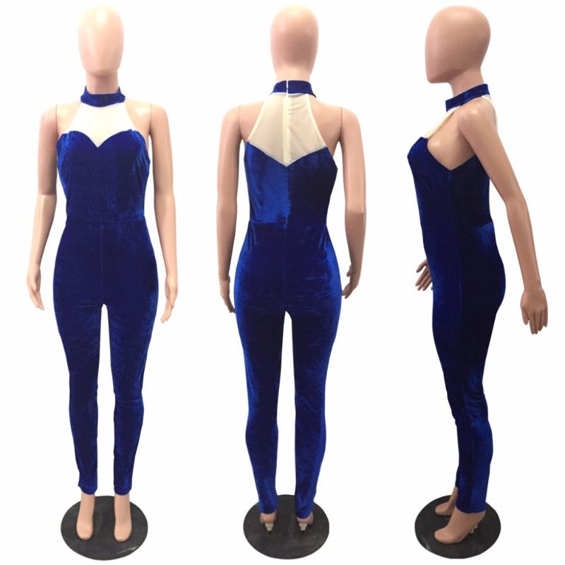 

Women's Jumpsuits & Rompers Fashion Elegant Solid O Neck Mesh Patchwork Sleeveless Jumpsuit, Blue