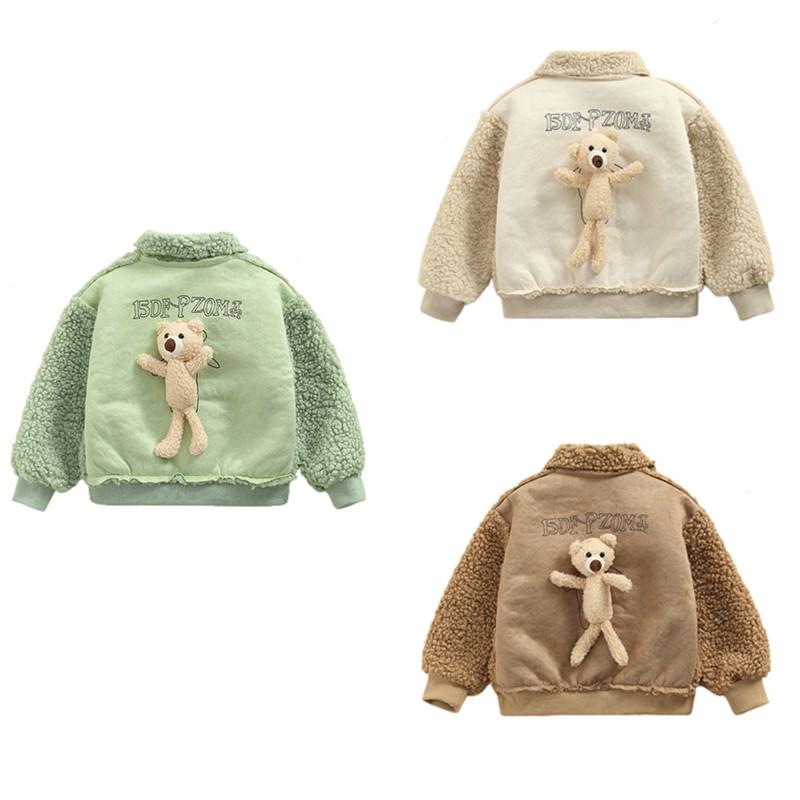 

Jackets Cute Little Girls Cartoon 3D Bear Patchwork Outwear Fall Winter Long-sleeved Lamb Wool Cardigan Coat With Pocket 6M-5Y, Blue;gray
