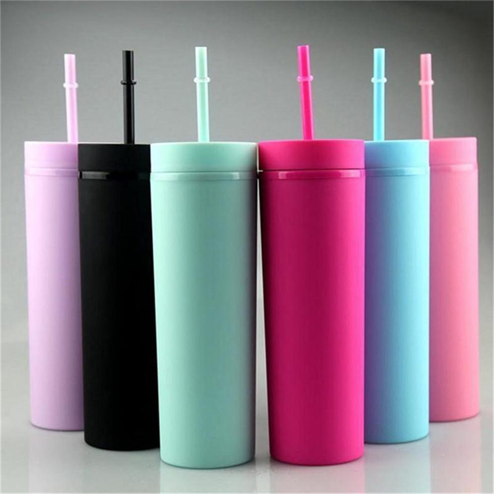 

16oz Acrylic Tumblers Matte Colors Double Wall 500ml Tumbler Coffee Drinking Plastic Sippy Cup With Lid Straws, Mixed color