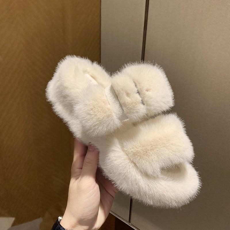 

Home Slippers Women Faux Fur House Cozy Furry Slides Soft Platform Shoes Winter Buckle Floor Plush Warm Shoe Drop Ship, C-black