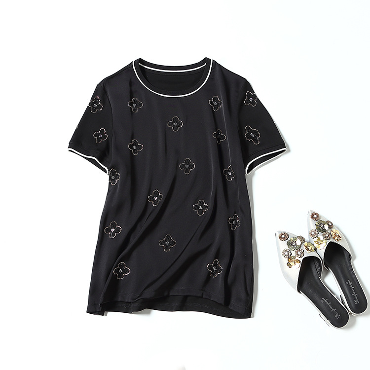 

European and American women' wear for spring 2021 Round neck with short sleeves and flower ironed drill Fashion silk t-shirts, White