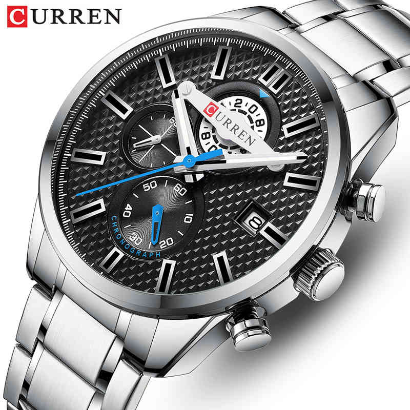 

Men Watch Luxury Stainless Steel Sport Watches Mens Big Dial Chronograph Quartz Wristwatch Clock Male Relojes Hombre 210517, Silver black