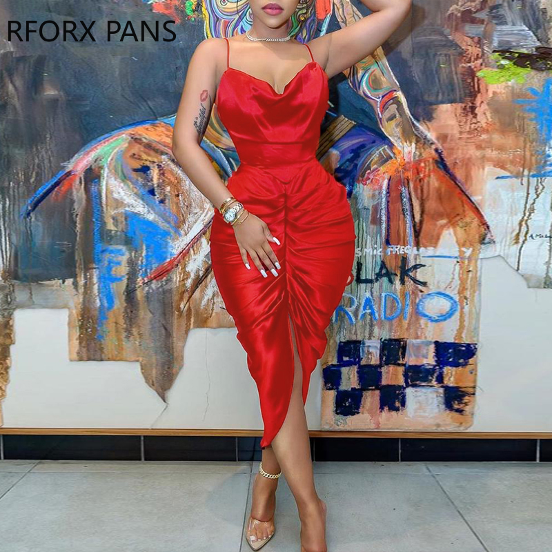 

Women Plain Spaghetti Strap Slit Ruched Maxi Dress Bodycon Dress Sexy Dress for Women, Red