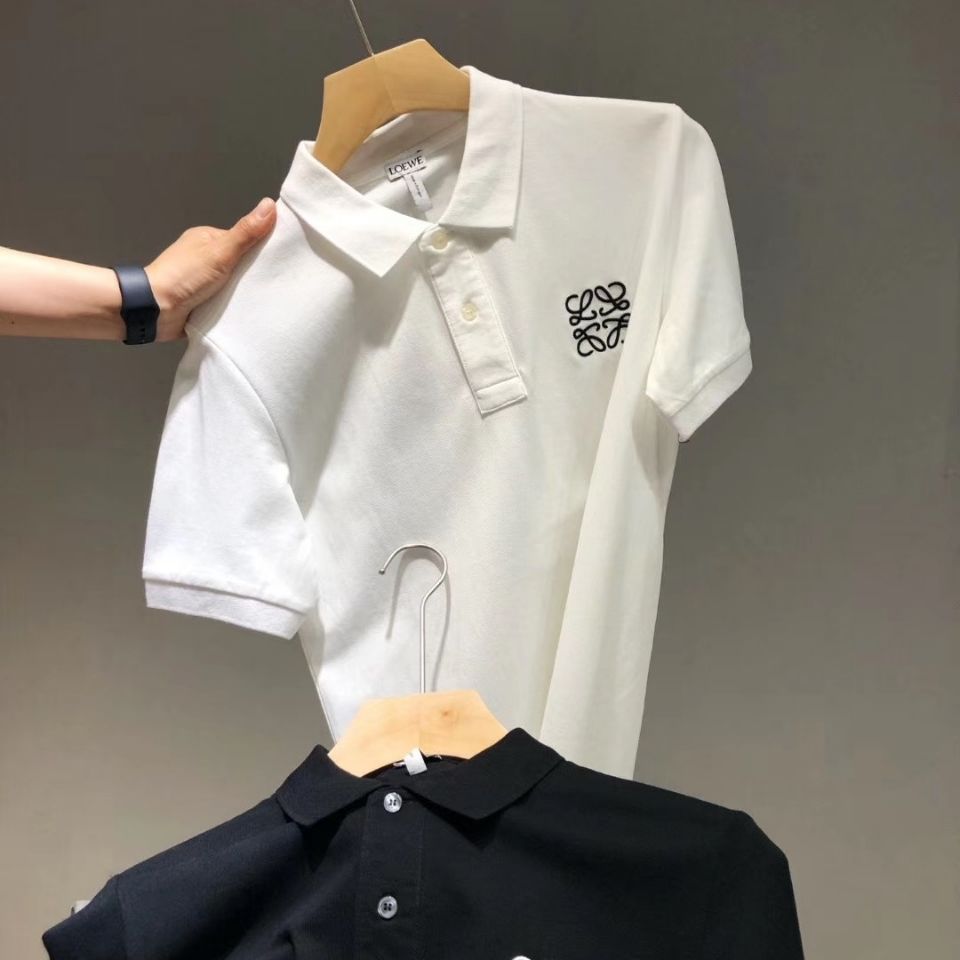 

Men's Womens Loewe Polo Shirt Chest Embroidery Classic LOGO Cotton Loose Crew Neck T-Shirt, White;black
