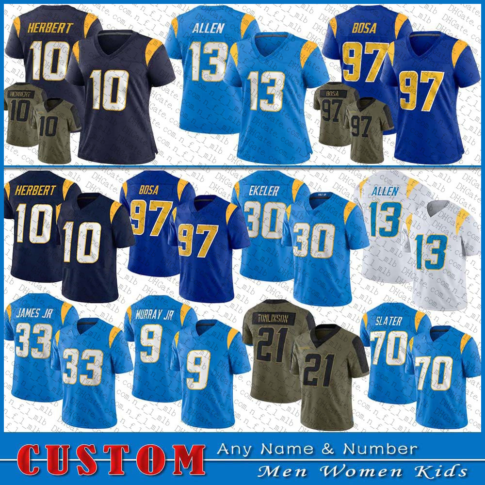 

10 Justin Herbert 97 Joey Bosa Los Custom Angeles Football jersey LA 13 Keenan Allen 30 Austin Ekeler Derwin James LaDainian Tomlinson Mike Williams Kenneth Murray Jr, Shown