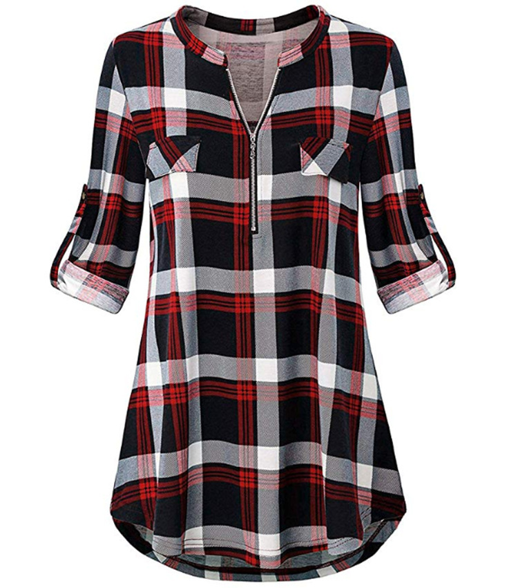 

2019 plaid print zipper one neck short sleeve shirt, White
