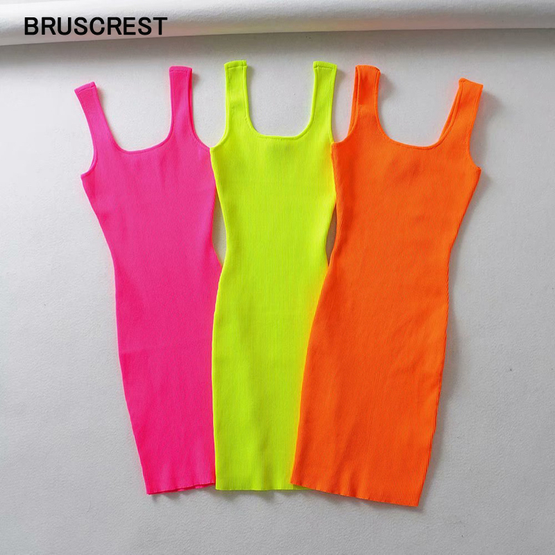 

2021 Summer Pink Neon Green Dress Women Ribbed Fluorescence Knit Bodycon Dress Tank Beach Casual Mini Dress Short Sundress