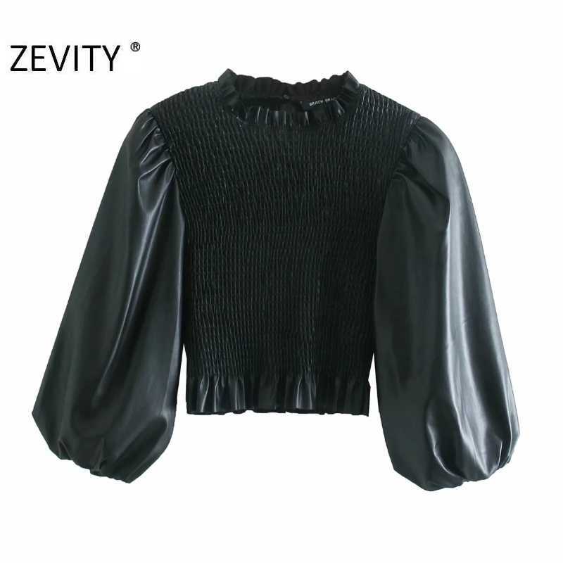 

Zevity Women Vintage PU Leather Patchwork Elastic Short Smock Shirt Ladies Lantern Sleeve Blouses Roupas Femininas Tops LS7277 210603, Cc ls7277k
