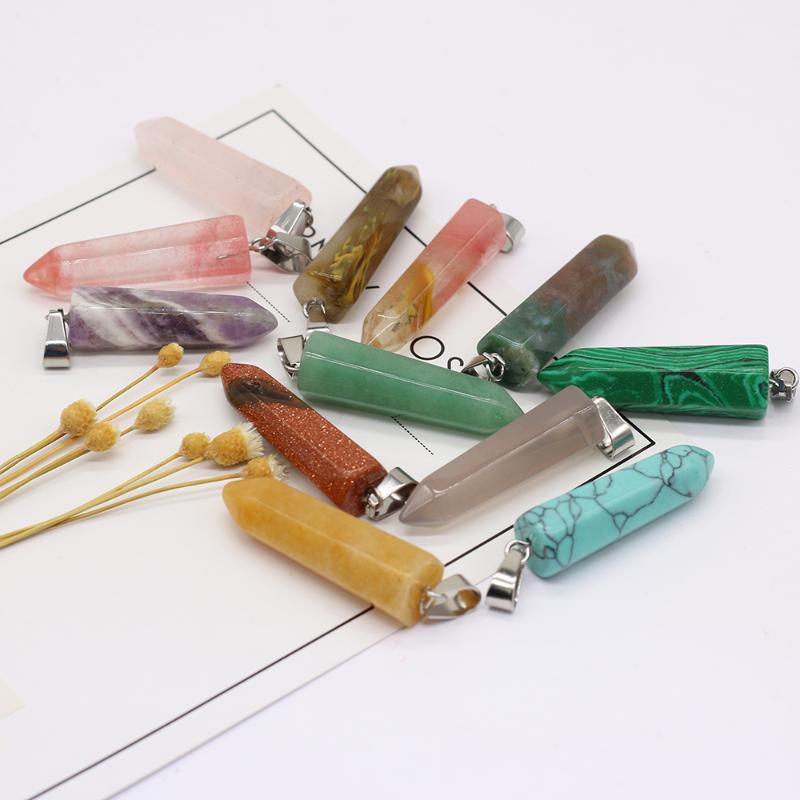 

Charms 9x35mm Natural Stone Semi-precious Crystal Jade Agate Gem Long Pillar Shape Pendant For Making DIY Necklace Accessories, Bronze;silver