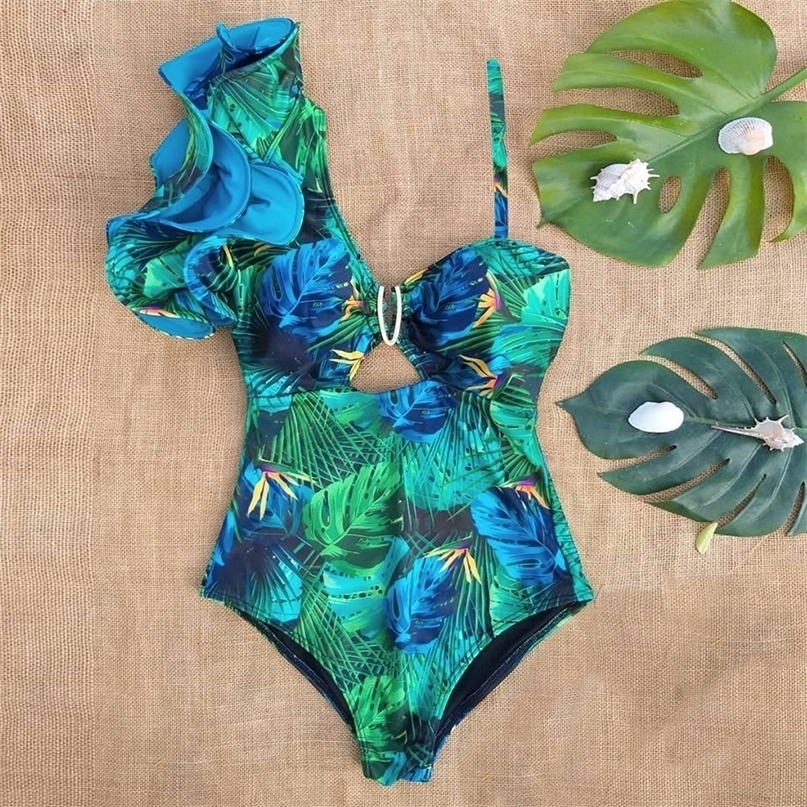 

Sexy One Shoulder Ruffle Swimsuit Print Floral Swimwear Women Swimsuit Bathing Suit Beachwear Monokini 220226