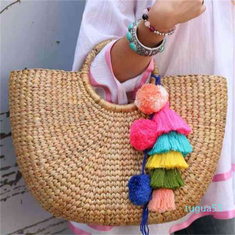 

designer colorful tassel summer straw beach bag for women, Light yellow